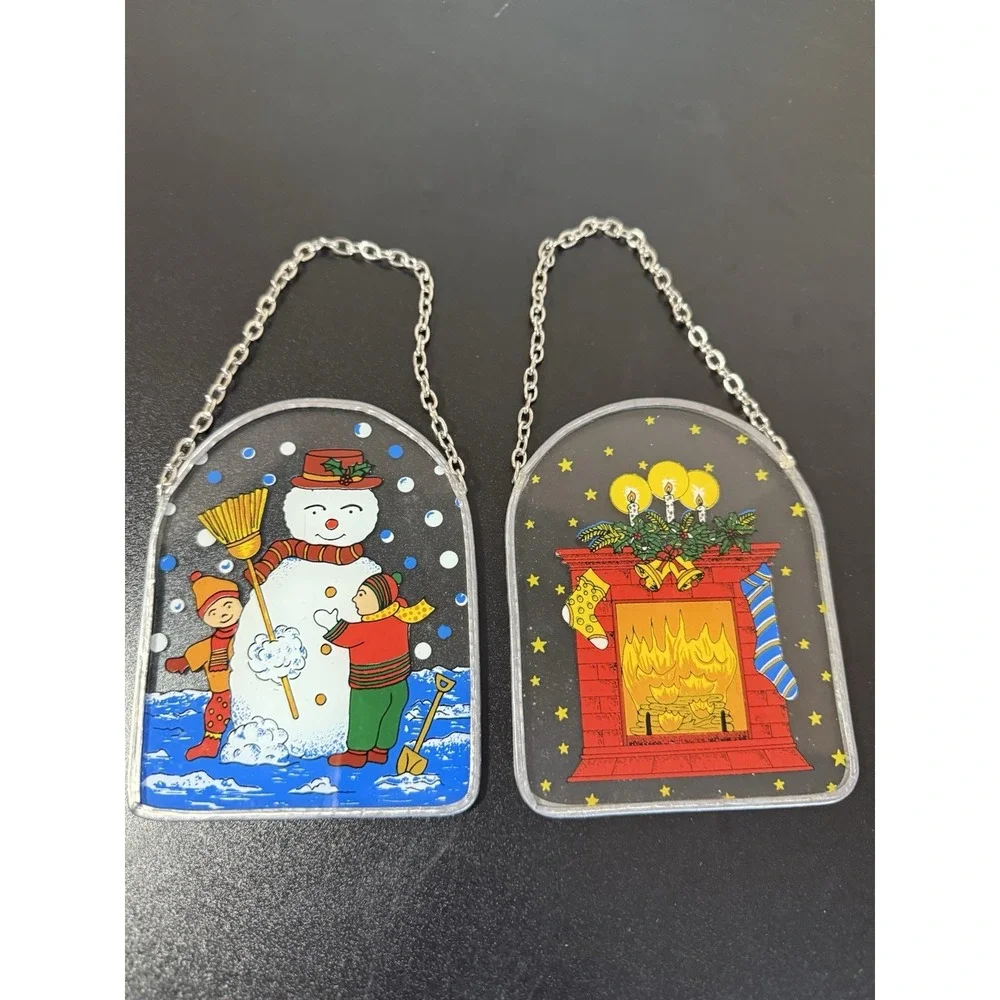 Vintage Holiday Snowman/Fireplace Metal/Glass Hanging Sun Catchers Set Of 2 - Picture 1 of 6